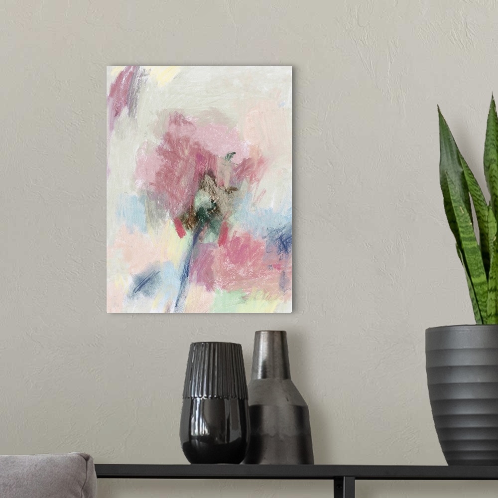 A modern room featuring Abstract floral painting in muted pastel colors.
