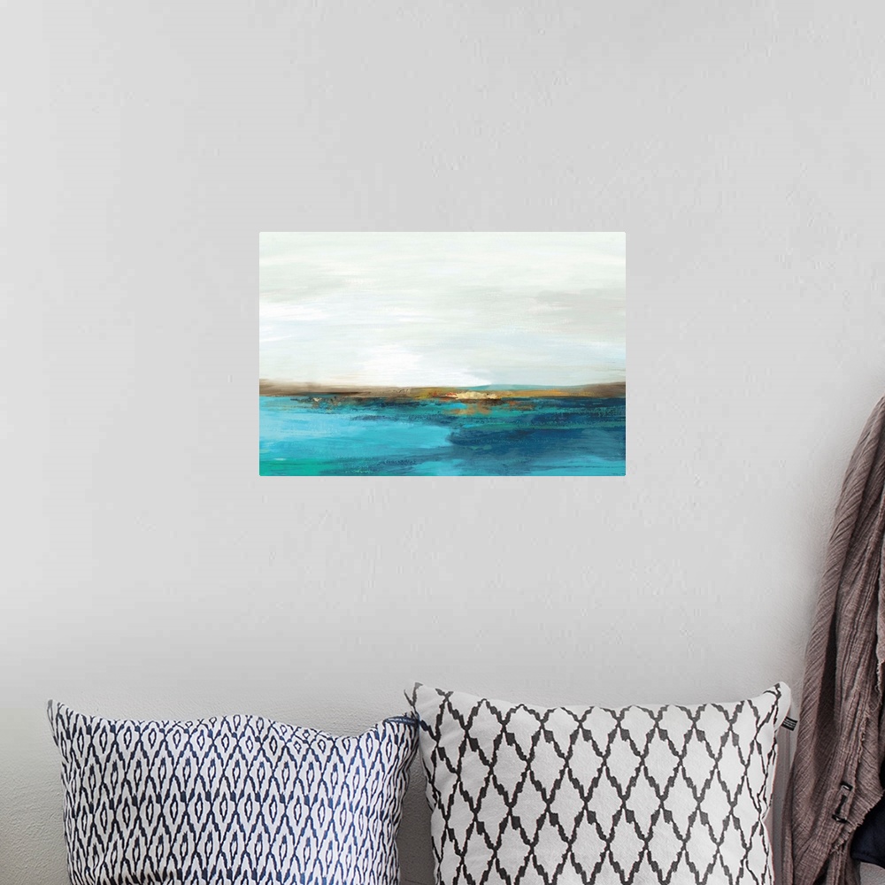 A bohemian room featuring Abstract painting resembling the horizon on a teal blue field under a white sky.