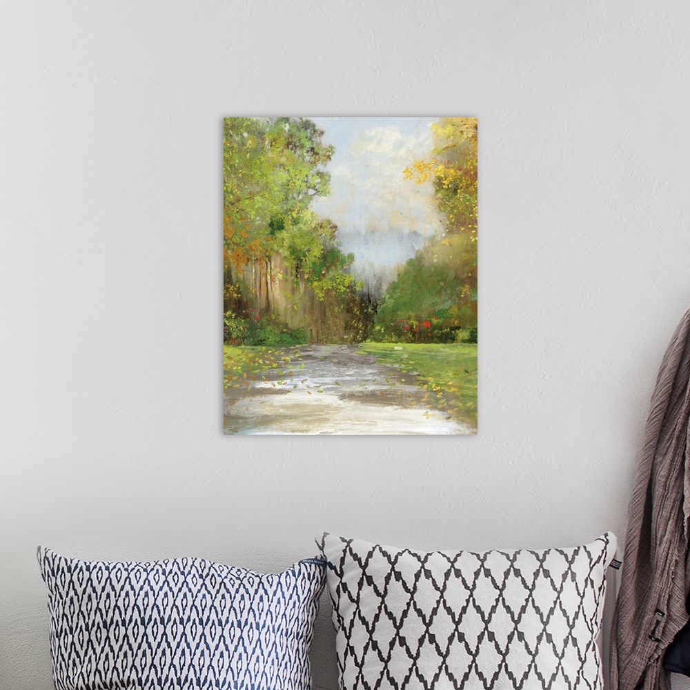 A bohemian room featuring Contemporary painting of a pathway in the countryside surrounded by green trees.