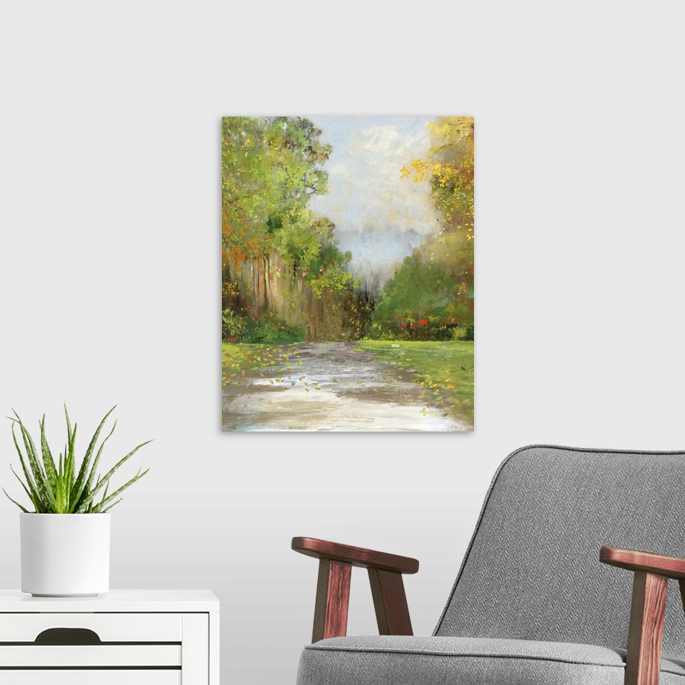 A modern room featuring Contemporary painting of a pathway in the countryside surrounded by green trees.