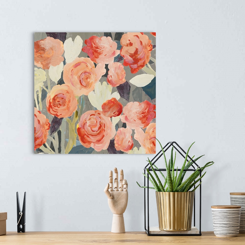 A bohemian room featuring A contemporary painting of pink flower blooms against a neutral textured backdrop.