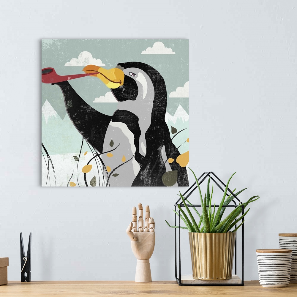 A bohemian room featuring Contemporary home decor art of a penguin among flowers and grass smoking a pipe against a backgro...