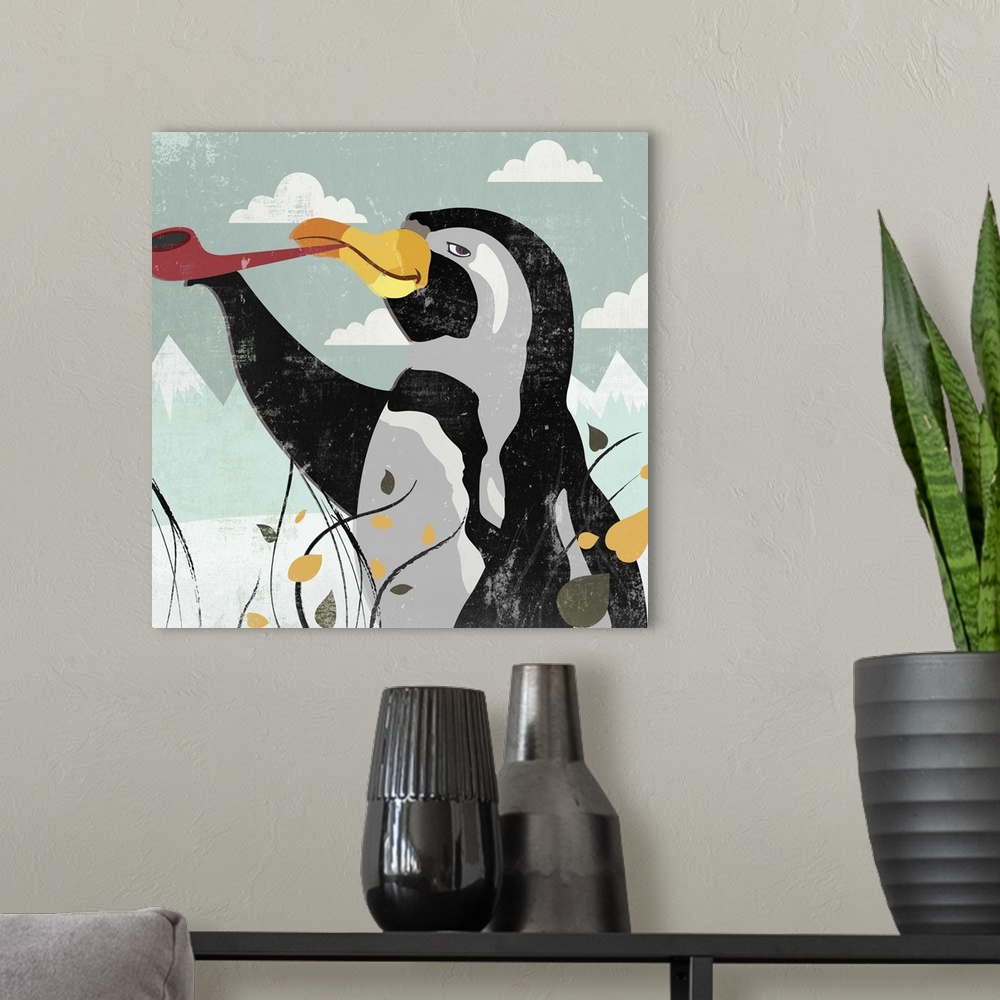 A modern room featuring Contemporary home decor art of a penguin among flowers and grass smoking a pipe against a backgro...
