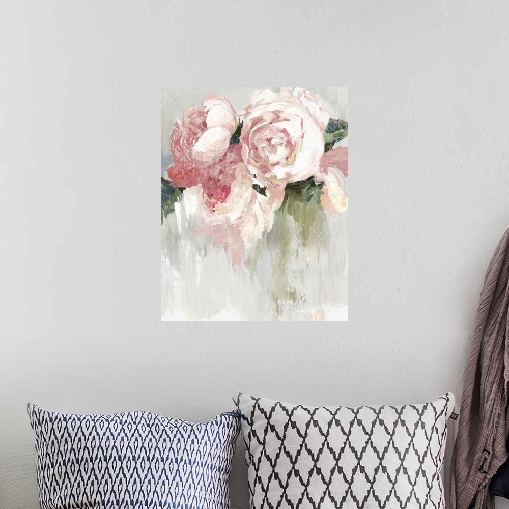 A bohemian room featuring Contemporary painting of pink peonies with white highlights and green leaves.