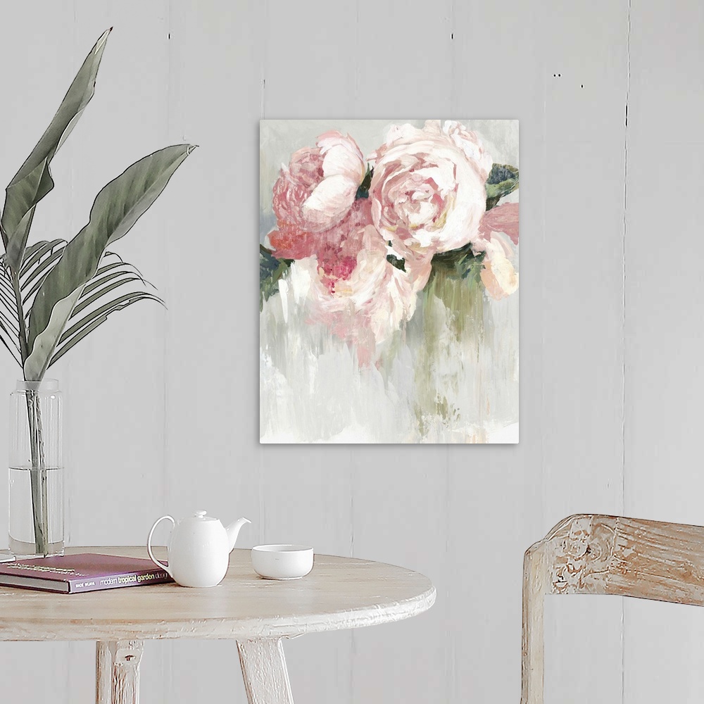 A farmhouse room featuring Contemporary painting of pink peonies with white highlights and green leaves.