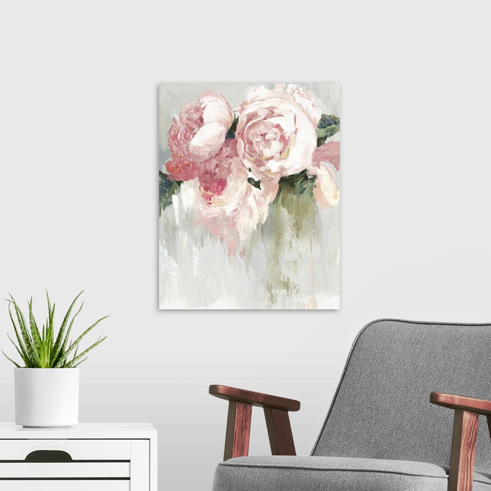 A modern room featuring Contemporary painting of pink peonies with white highlights and green leaves.