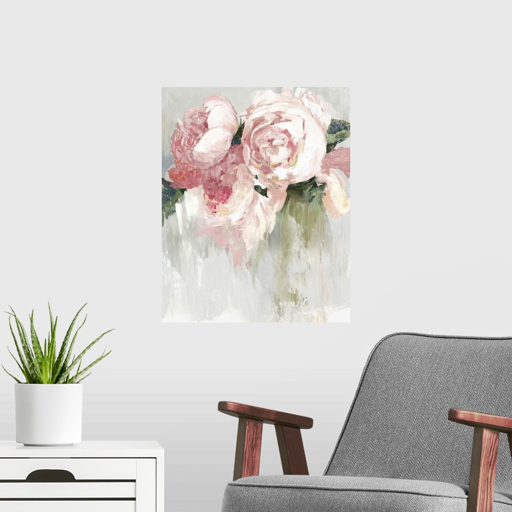A modern room featuring Contemporary painting of pink peonies with white highlights and green leaves.