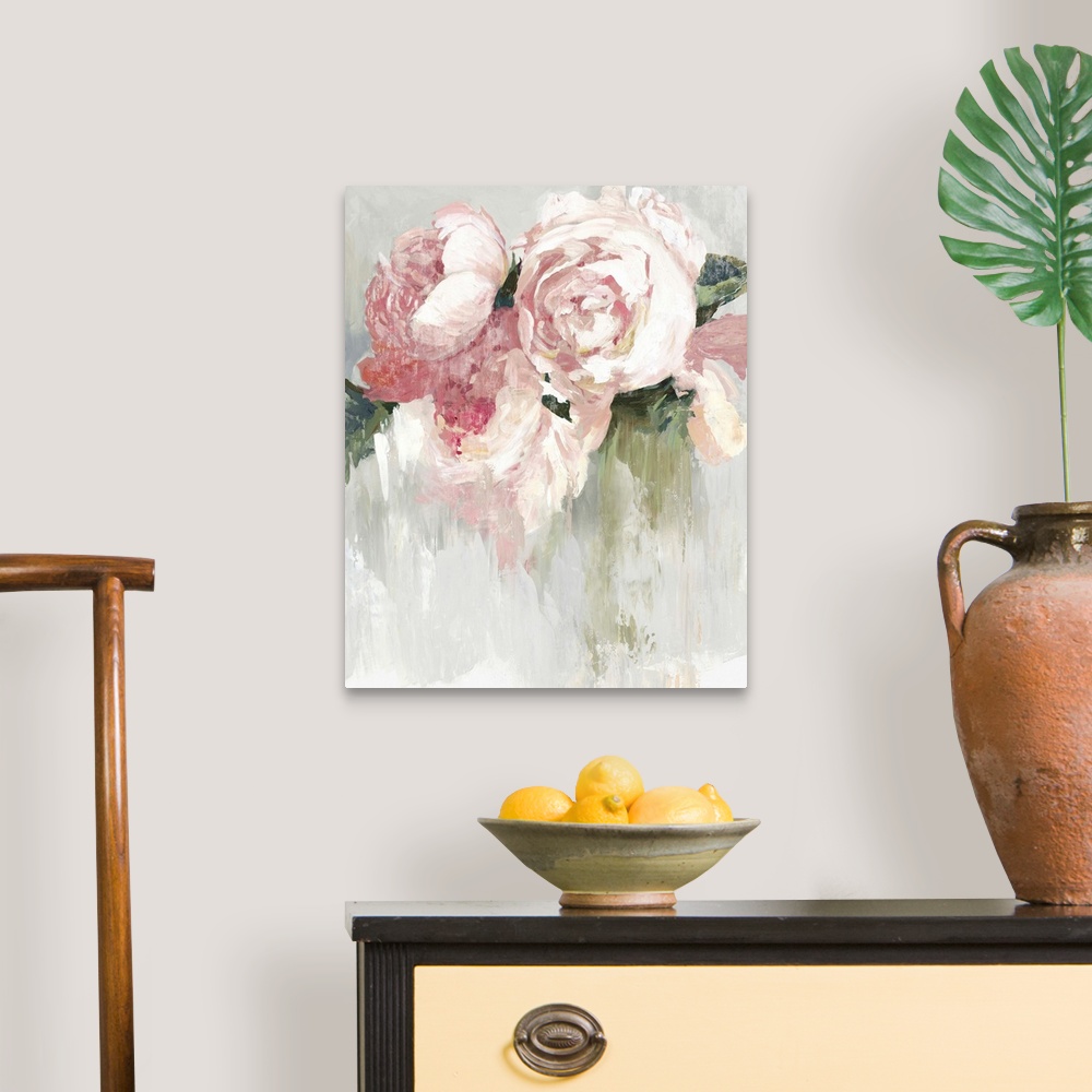 A traditional room featuring Contemporary painting of pink peonies with white highlights and green leaves.