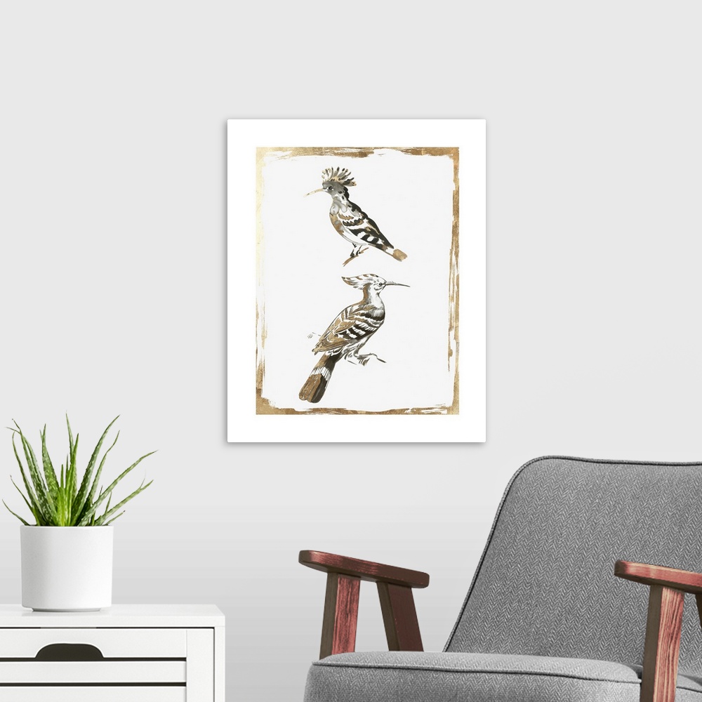 A modern room featuring Glamorous bird decor in black, white, and gold.