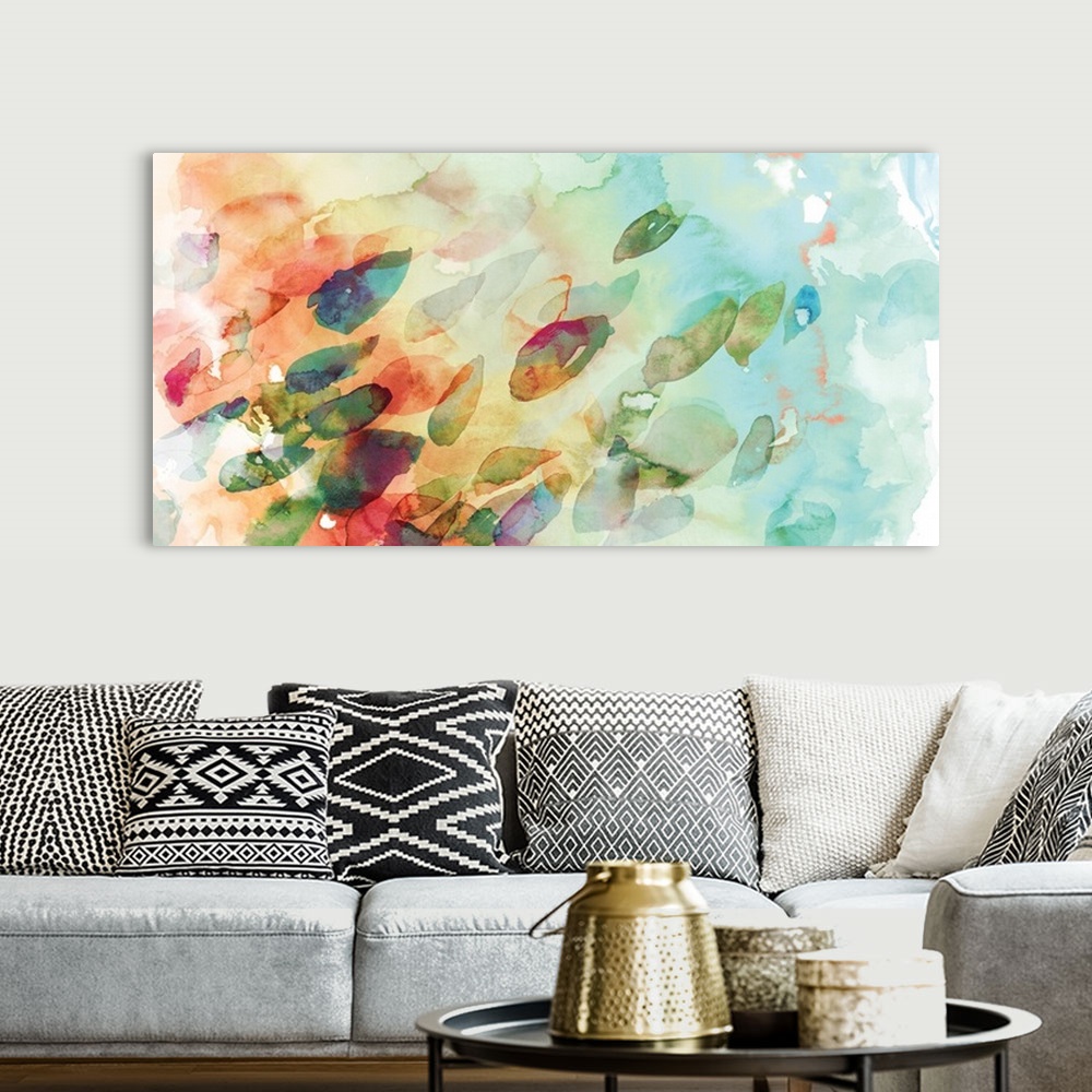 A bohemian room featuring Contemporary watercolor painting in soft, rainbow colors of petals blowing in the wind.