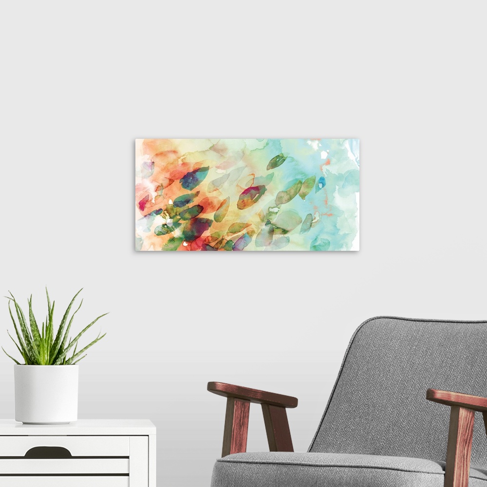 A modern room featuring Contemporary watercolor painting in soft, rainbow colors of petals blowing in the wind.