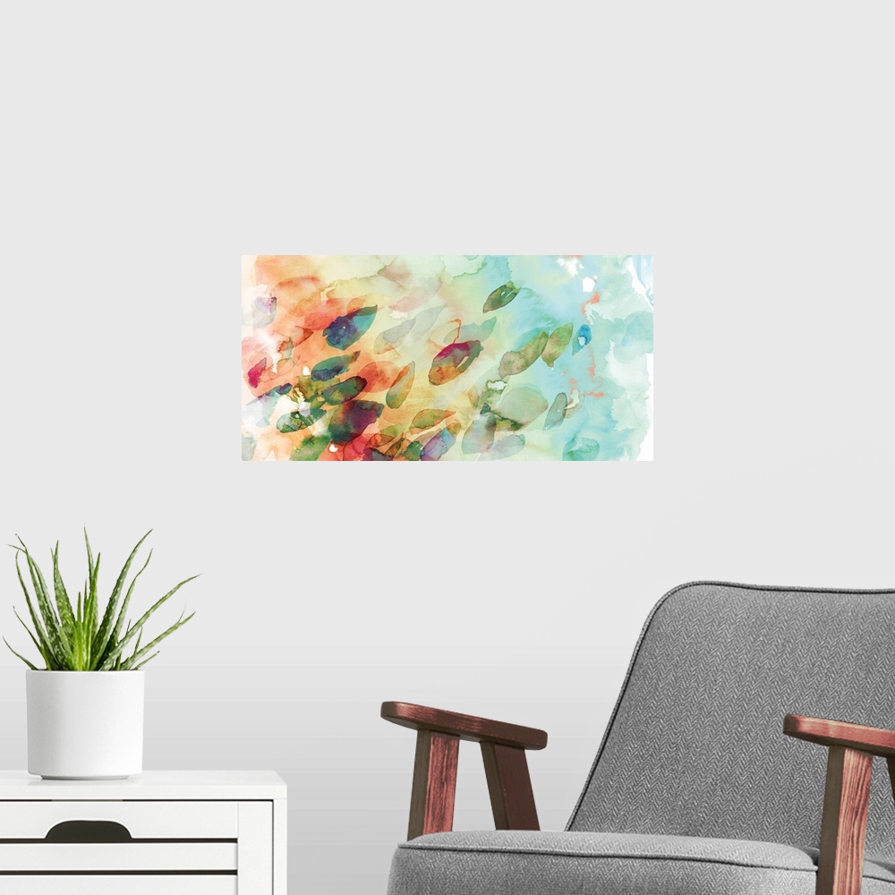 A modern room featuring Contemporary watercolor painting in soft, rainbow colors of petals blowing in the wind.