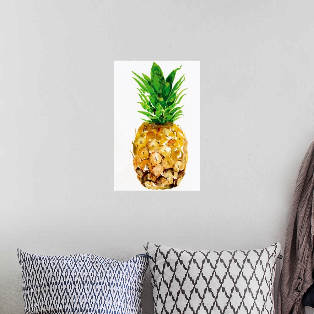 A bohemian room featuring Watercolor illustration of a pineapple on white.