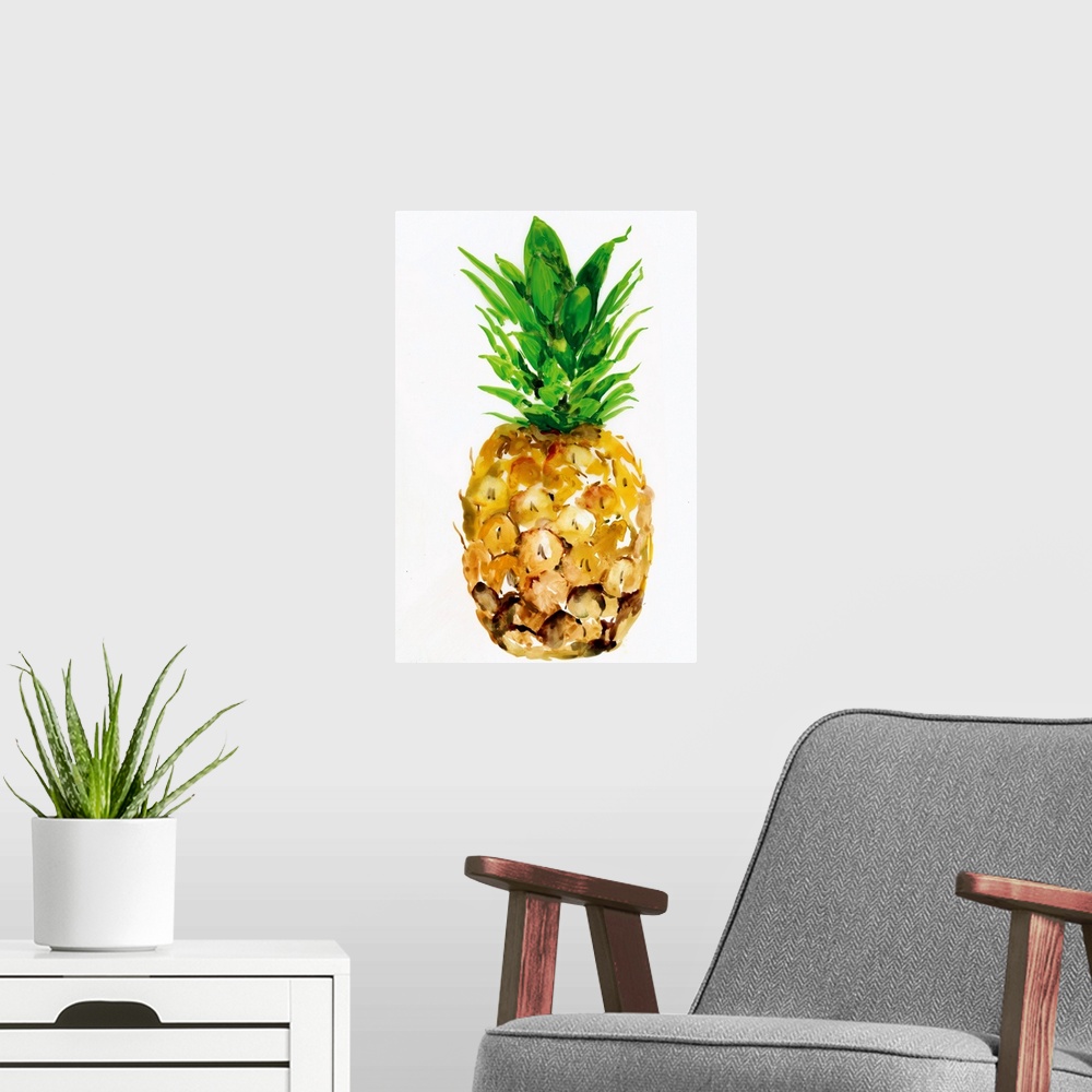 A modern room featuring Watercolor illustration of a pineapple on white.
