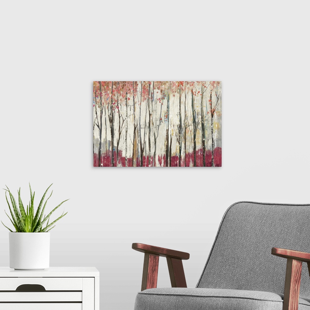 A modern room featuring Contemporary home decor artwork of a red forest.