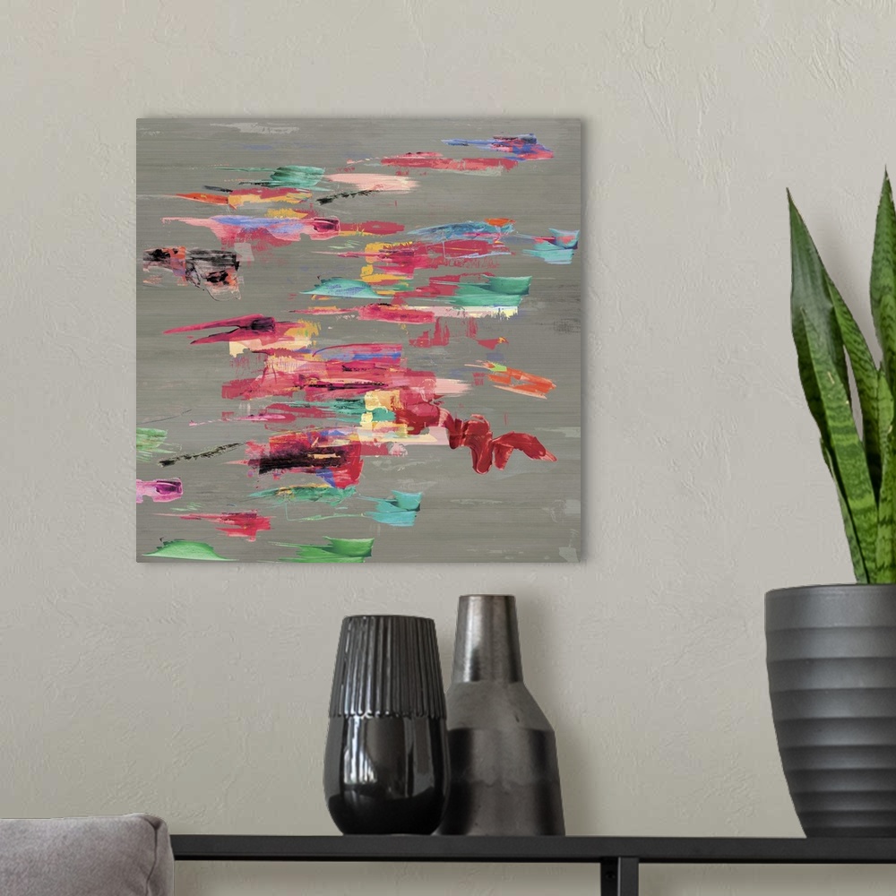 A modern room featuring Large abstract painting of vibrant colors in brush strokes of horizontal lines.