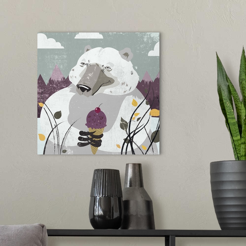 A modern room featuring Contemporary home decor artwork of a polar bear eating a purple ice cream cone against a backgrou...