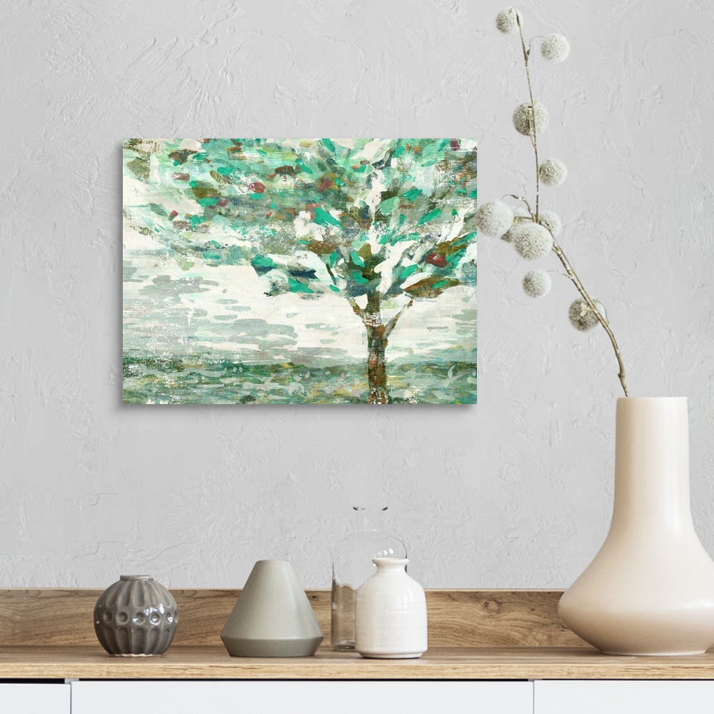 A farmhouse room featuring Contemporary painting of a green tree with branches swaying in the wind.