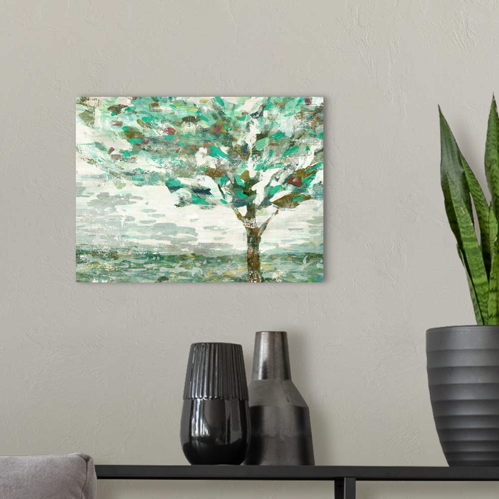 A modern room featuring Contemporary painting of a green tree with branches swaying in the wind.