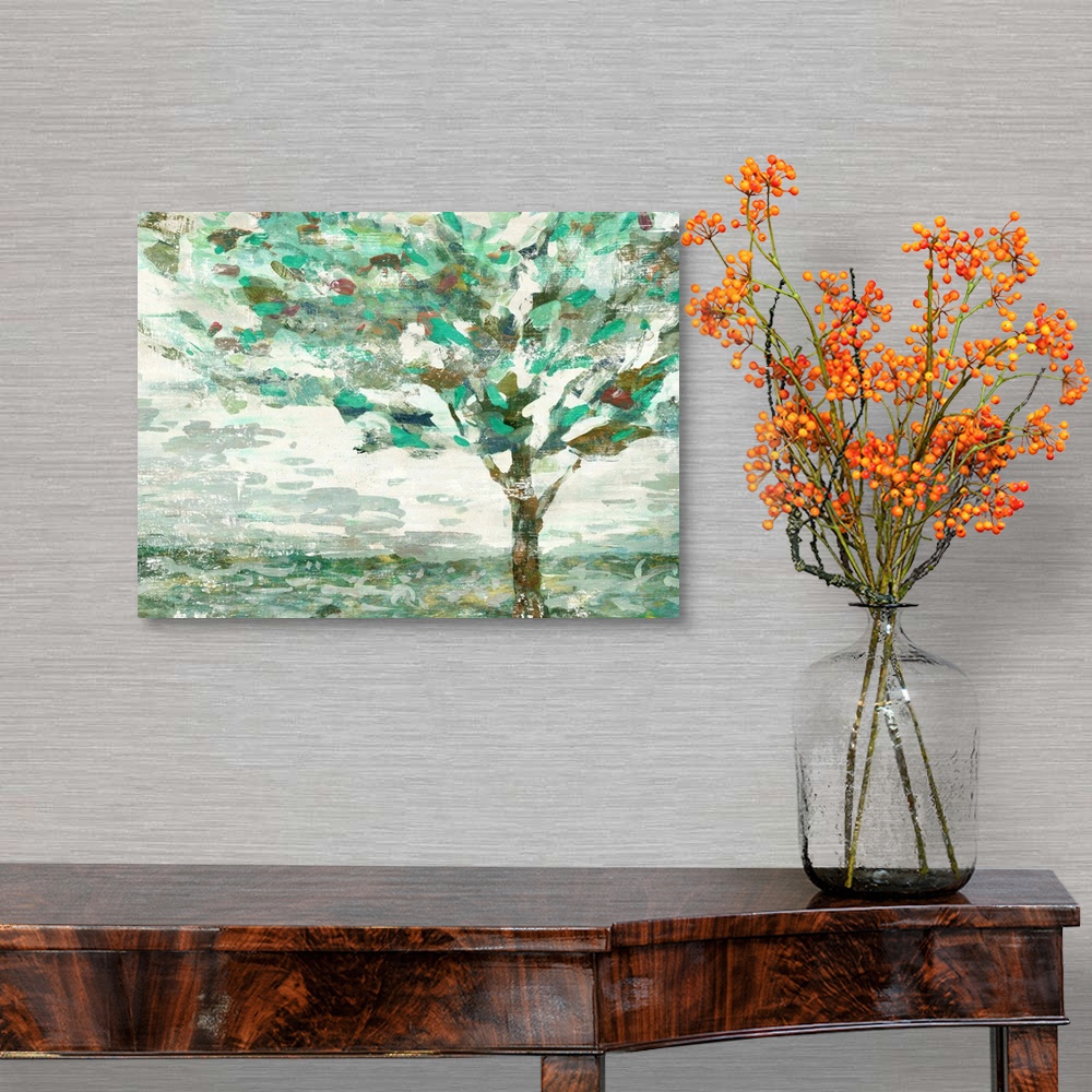 A traditional room featuring Contemporary painting of a green tree with branches swaying in the wind.