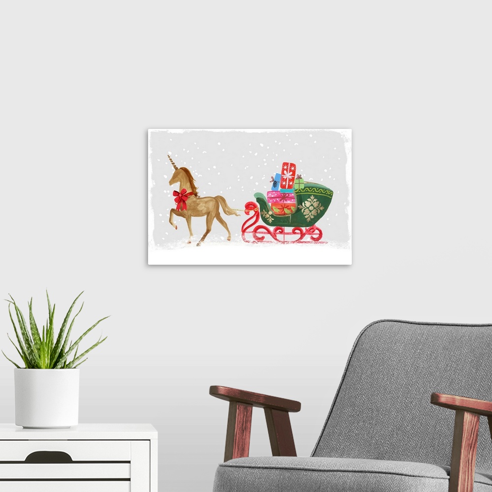 A modern room featuring Proud Unicorn with Gifts