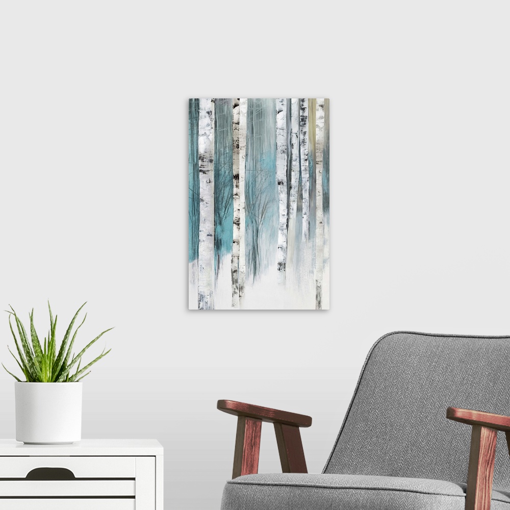 A modern room featuring Vertical painting of tree trunks in shades of blue and gray.