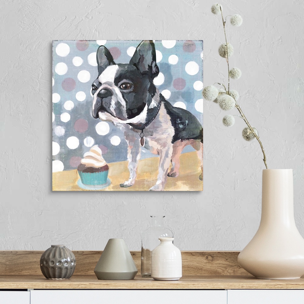 A farmhouse room featuring Contemporary home decor art of a Boston Terrier with a cupcake against a polka dot background.