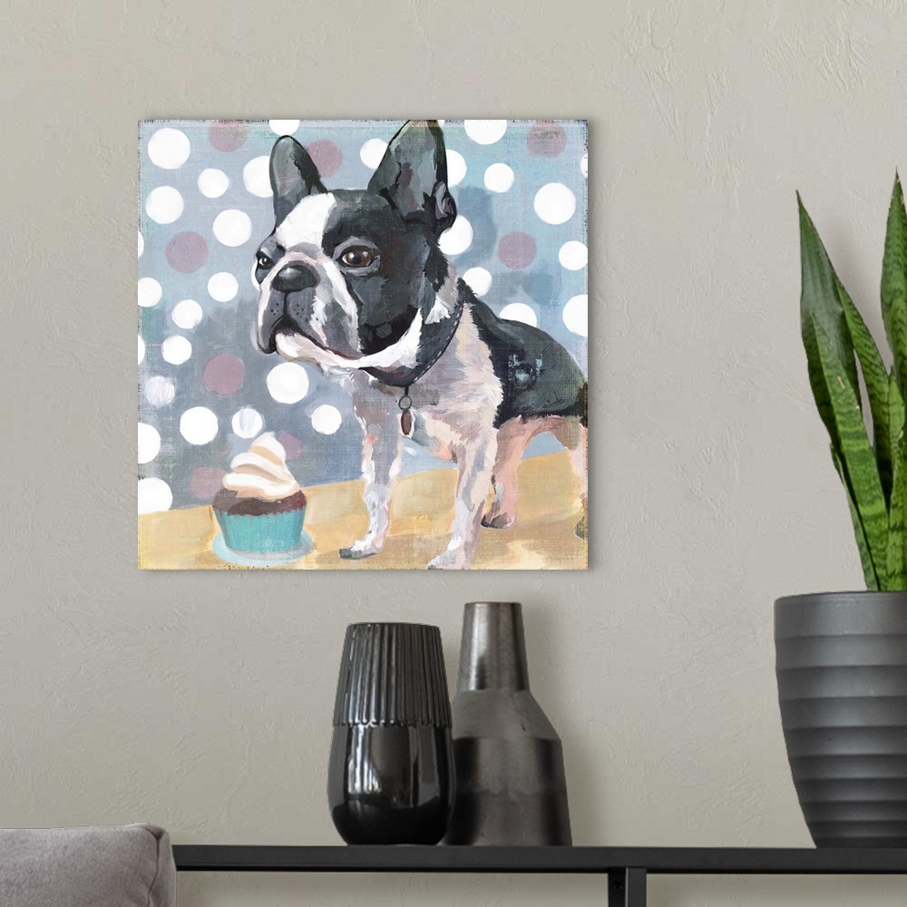 A modern room featuring Contemporary home decor art of a Boston Terrier with a cupcake against a polka dot background.
