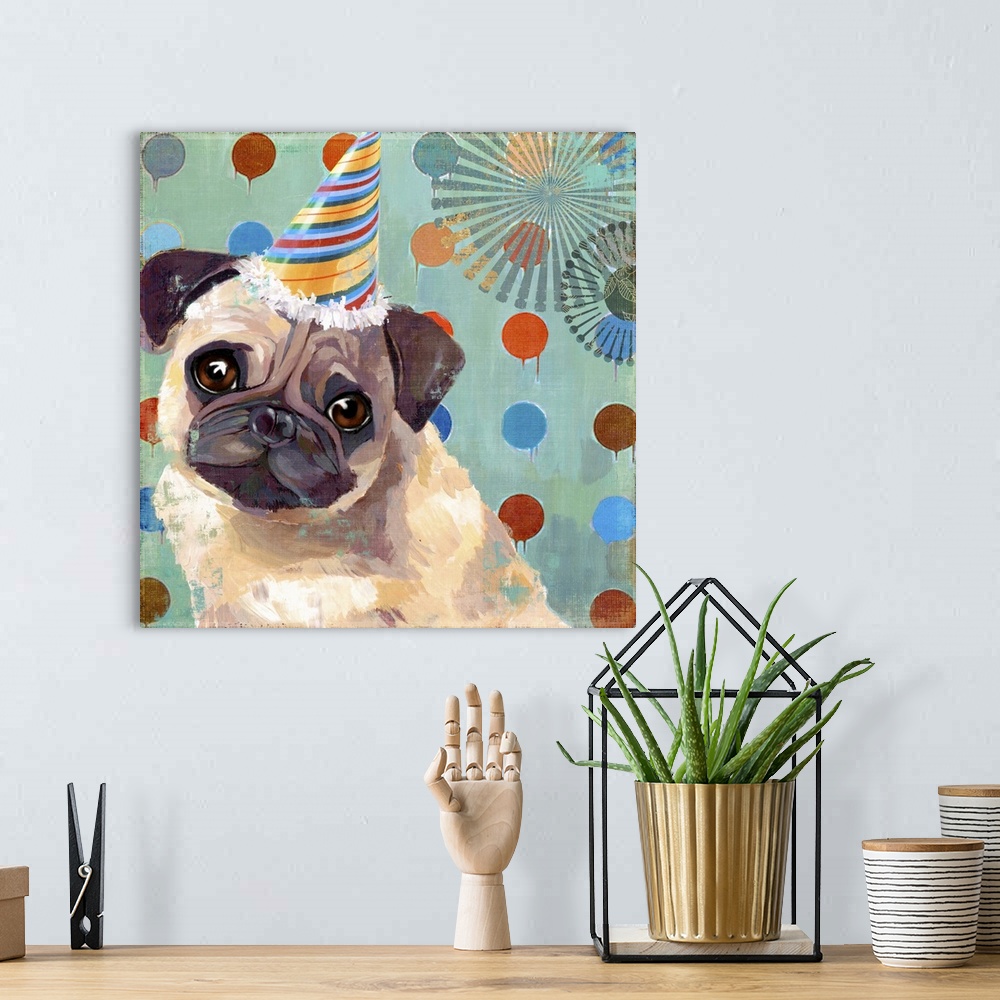 A bohemian room featuring Contemporary home decor art of a pug wearing a birthday hat against a polka dot background.