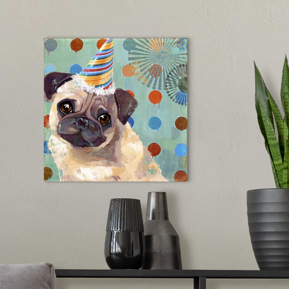 A modern room featuring Contemporary home decor art of a pug wearing a birthday hat against a polka dot background.