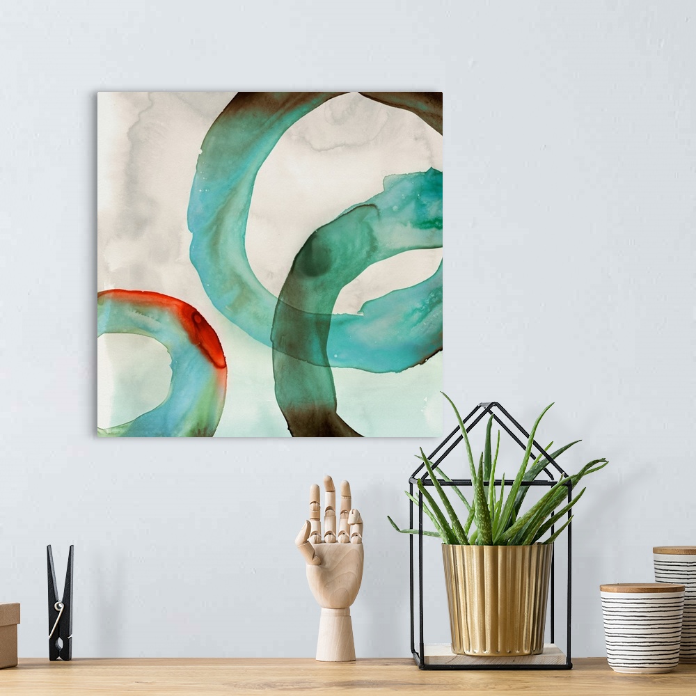 A bohemian room featuring Abstract artwork with watercolor rings in teal.