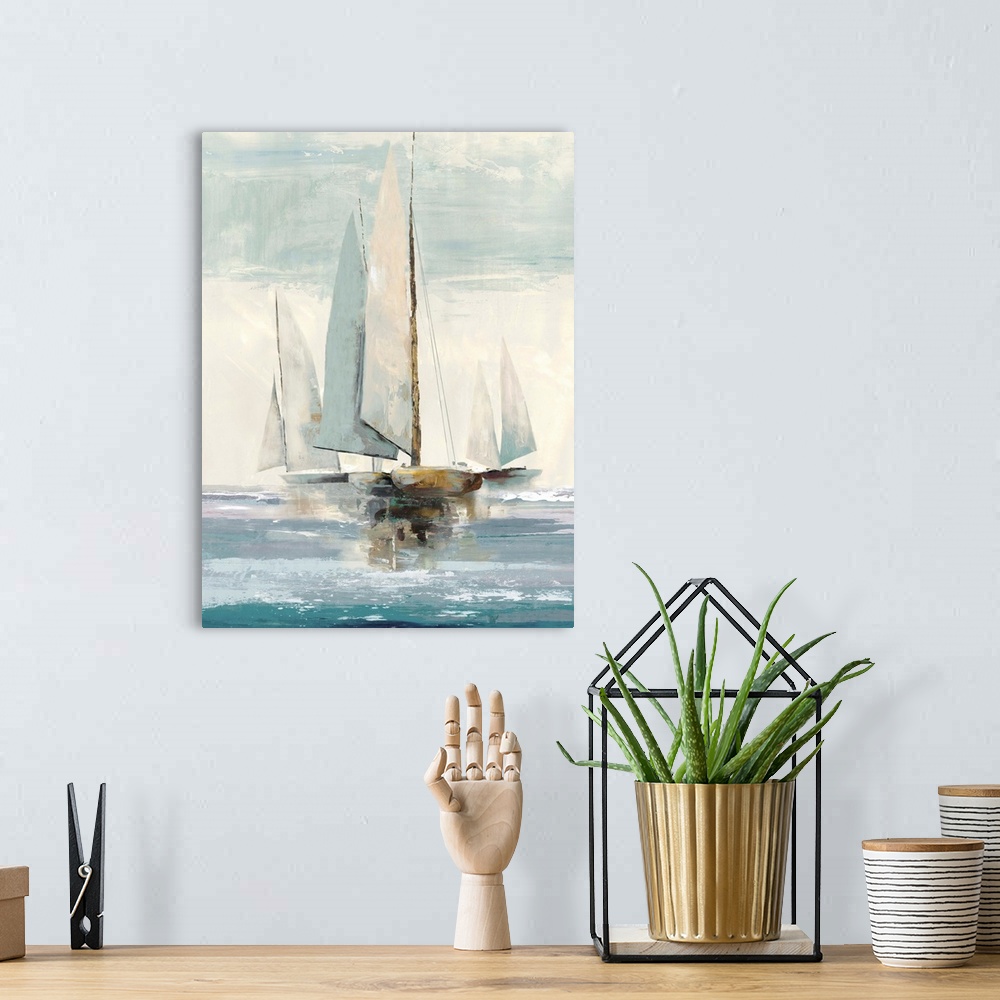 A bohemian room featuring Painting of sailboats on the water in the morning.