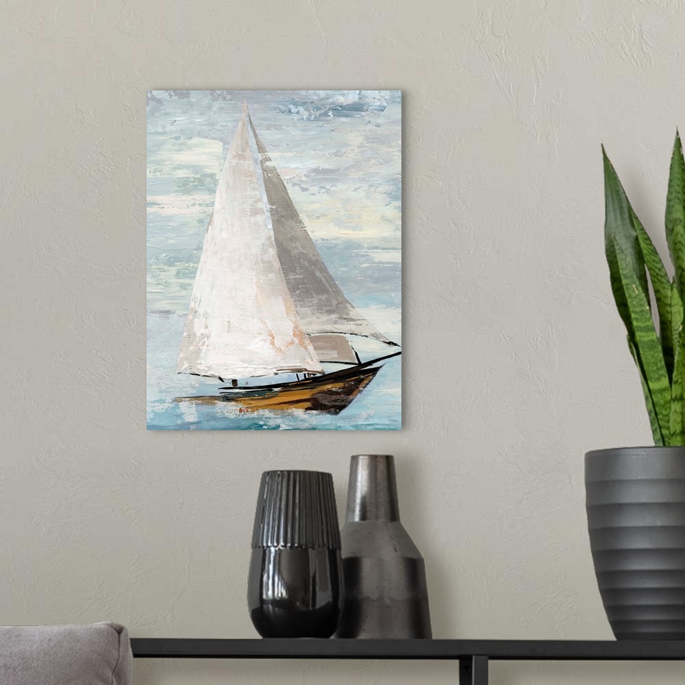 A modern room featuring Painting of a sailboat with full white sails.