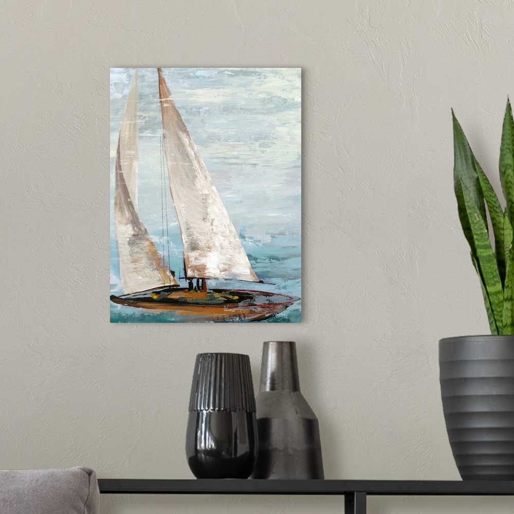 A modern room featuring Painting of a sailboat with full white sails.