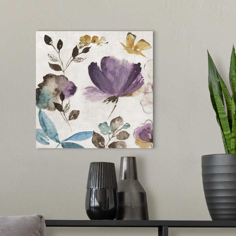 A modern room featuring Contemporary home decor artwork of flowers against a neutral background.