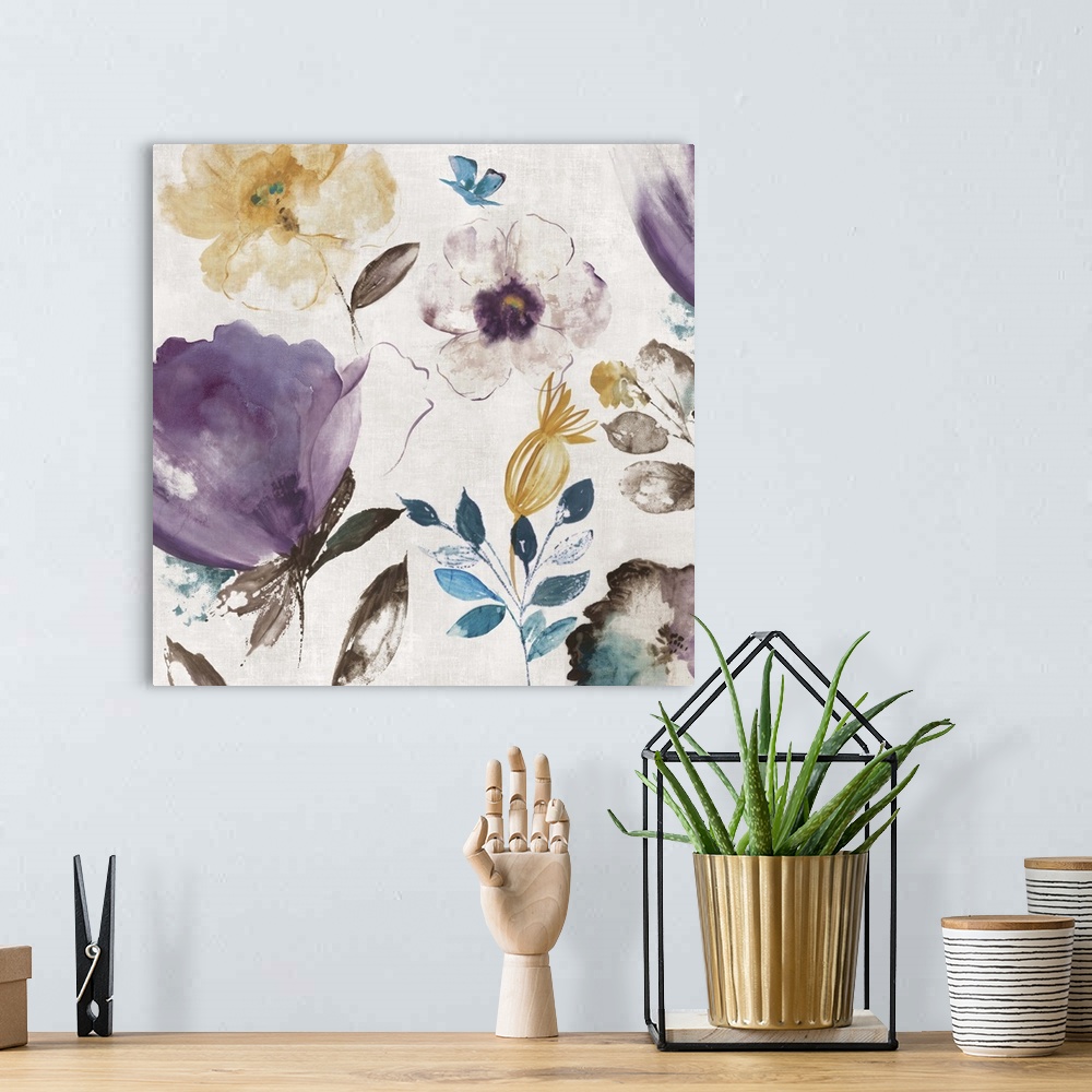 A bohemian room featuring Contemporary home decor artwork of flowers against a neutral background.