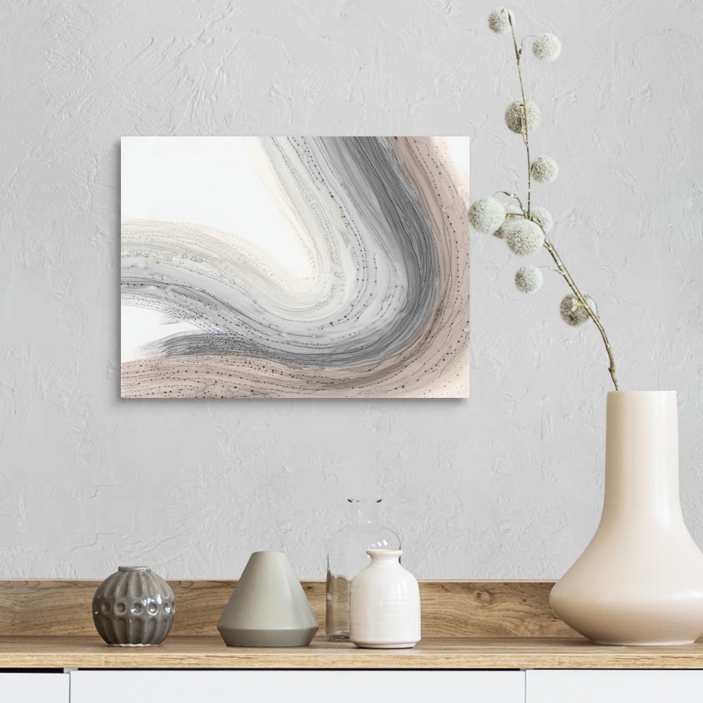 A farmhouse room featuring Vertical abstract painting in a curved shape.