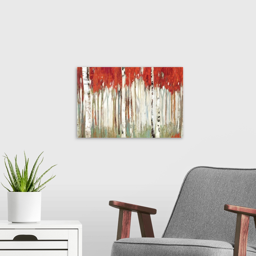 A modern room featuring Contemporary artwork of a white birch forest with vivid red leaves contrasting the pale green for...