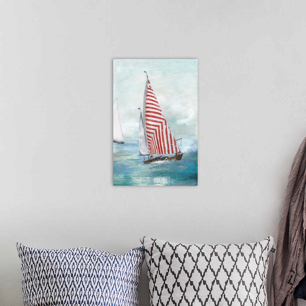 A bohemian room featuring Contemporary painting of a red and white striped sailboat in the middle of the ocean with another...
