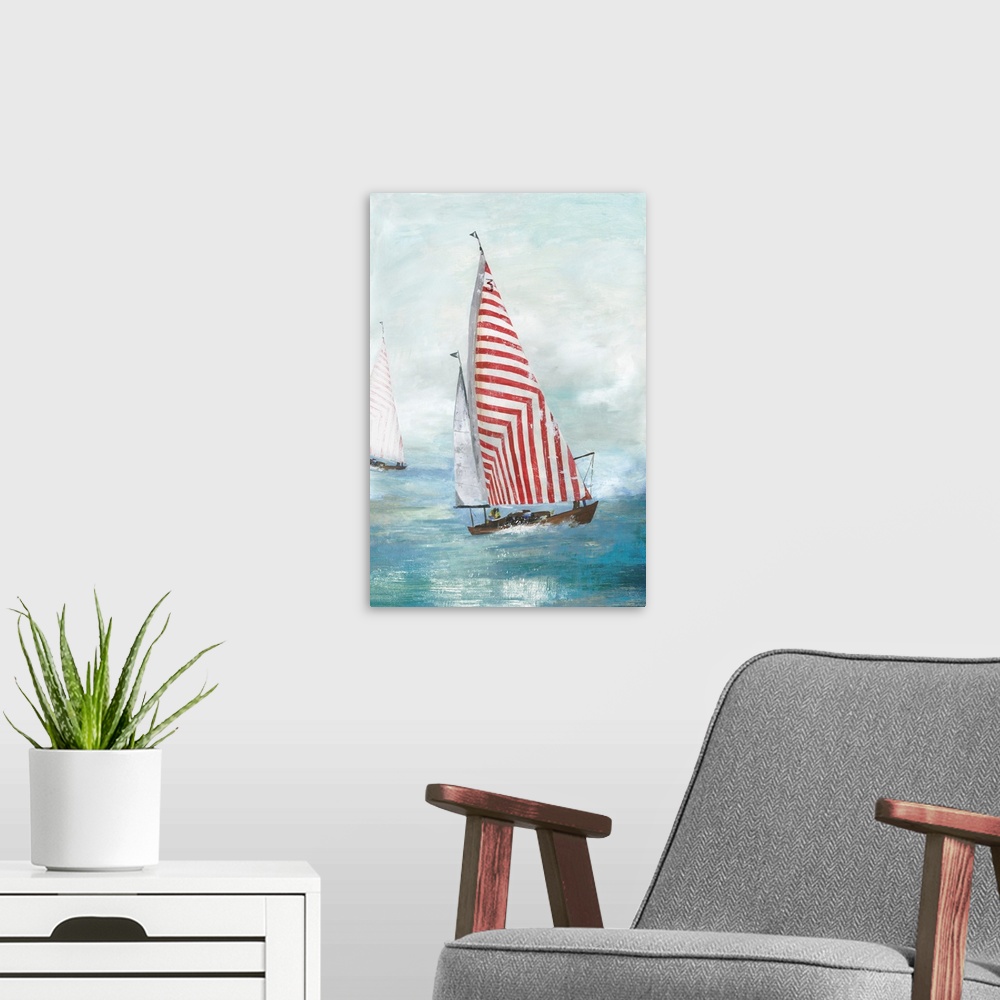 A modern room featuring Contemporary painting of a red and white striped sailboat in the middle of the ocean with another...