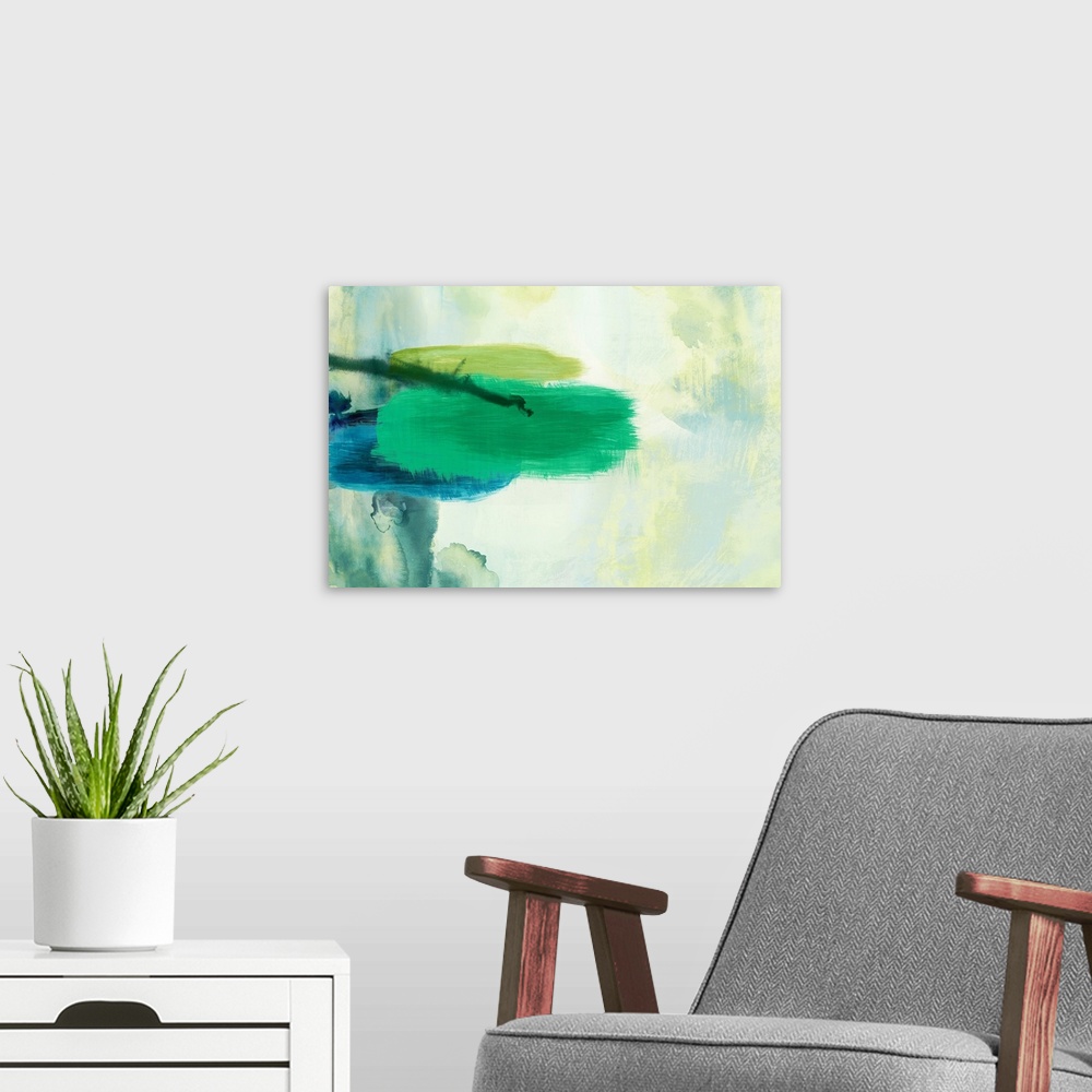 A modern room featuring Horizontal abstract painting in shades of green with blue accents.