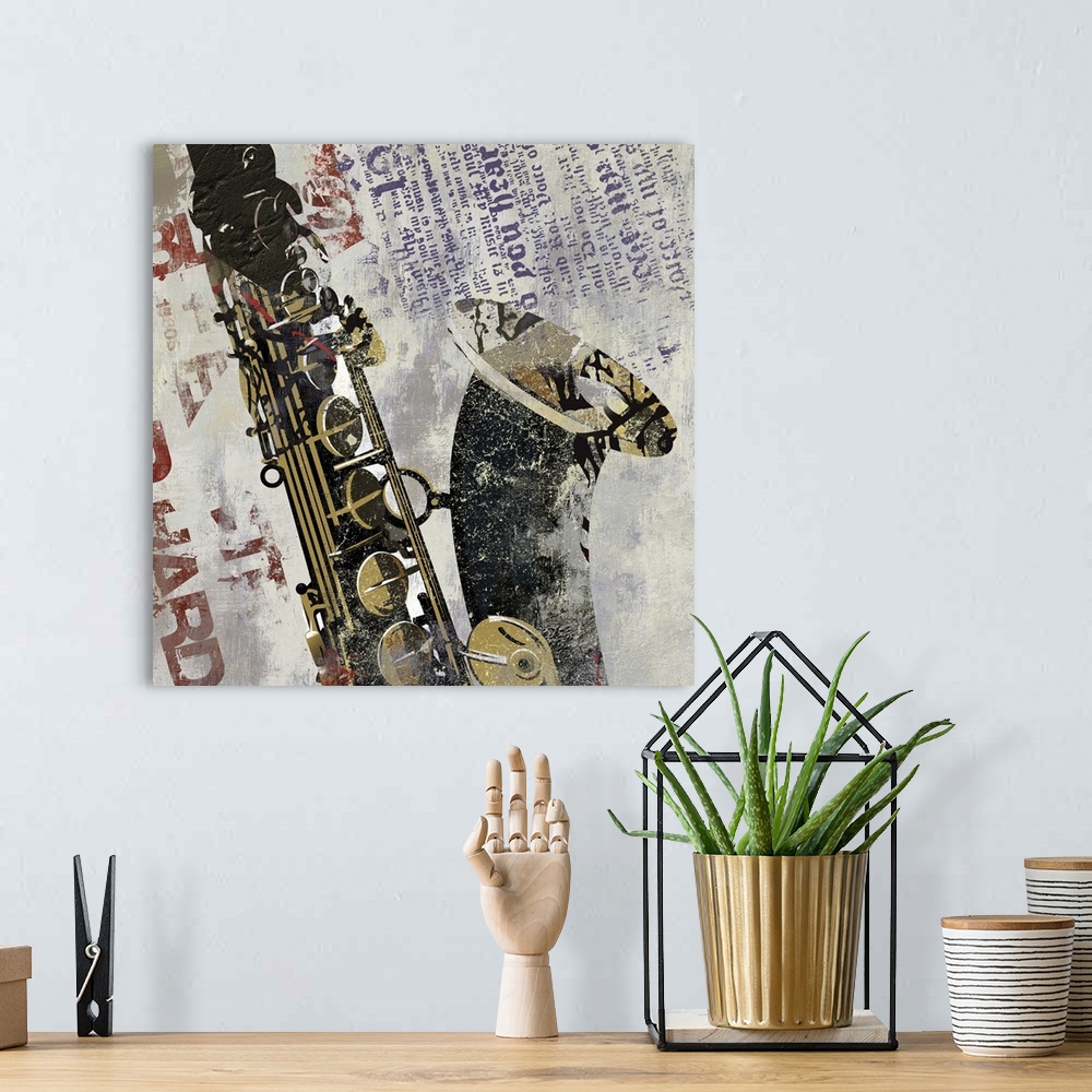 A bohemian room featuring Contemporary collage style home decor artwork of a saxophone against a weathered background.