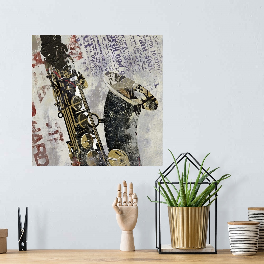 A bohemian room featuring Contemporary collage style home decor artwork of a saxophone against a weathered background.
