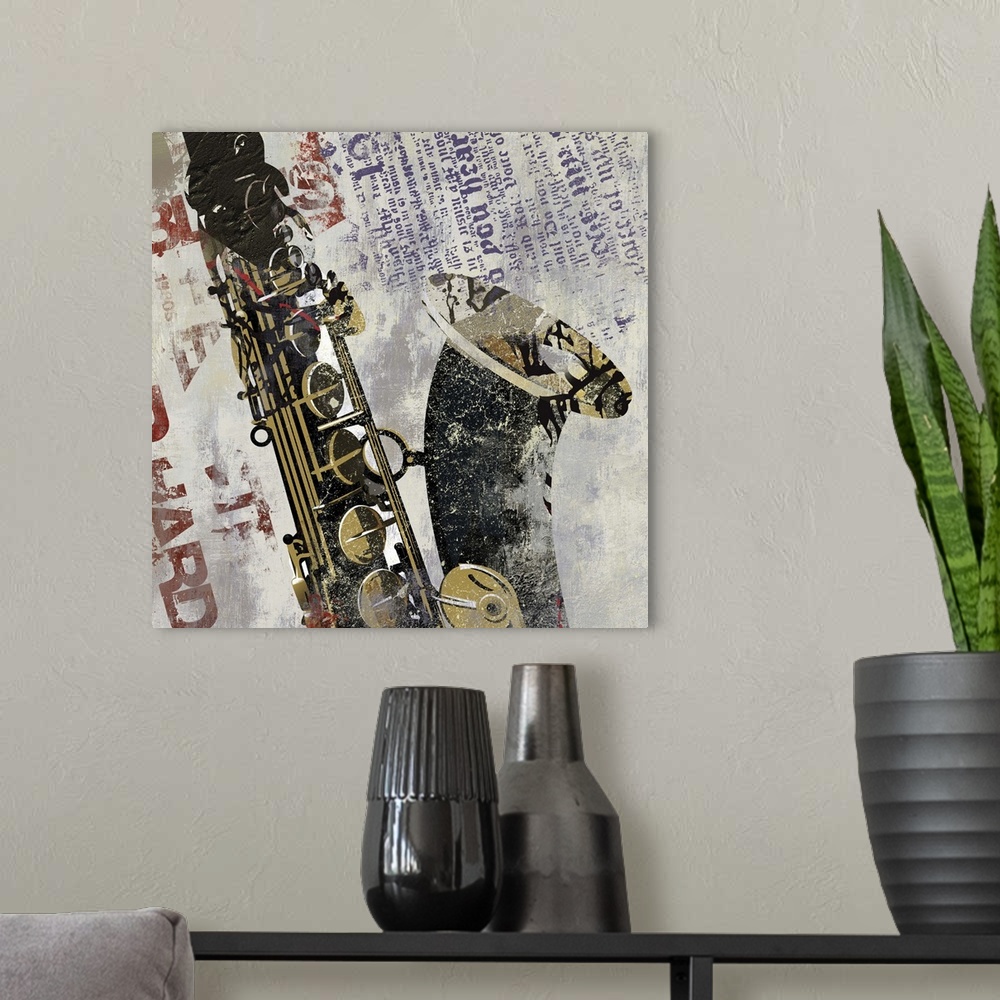 A modern room featuring Contemporary collage style home decor artwork of a saxophone against a weathered background.