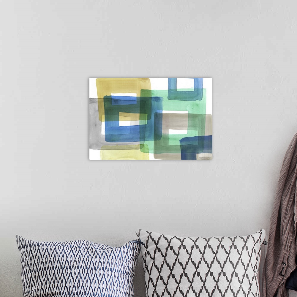 A bohemian room featuring Contemporary abstract home decor art using geometric shapes and vibrant watercolors.