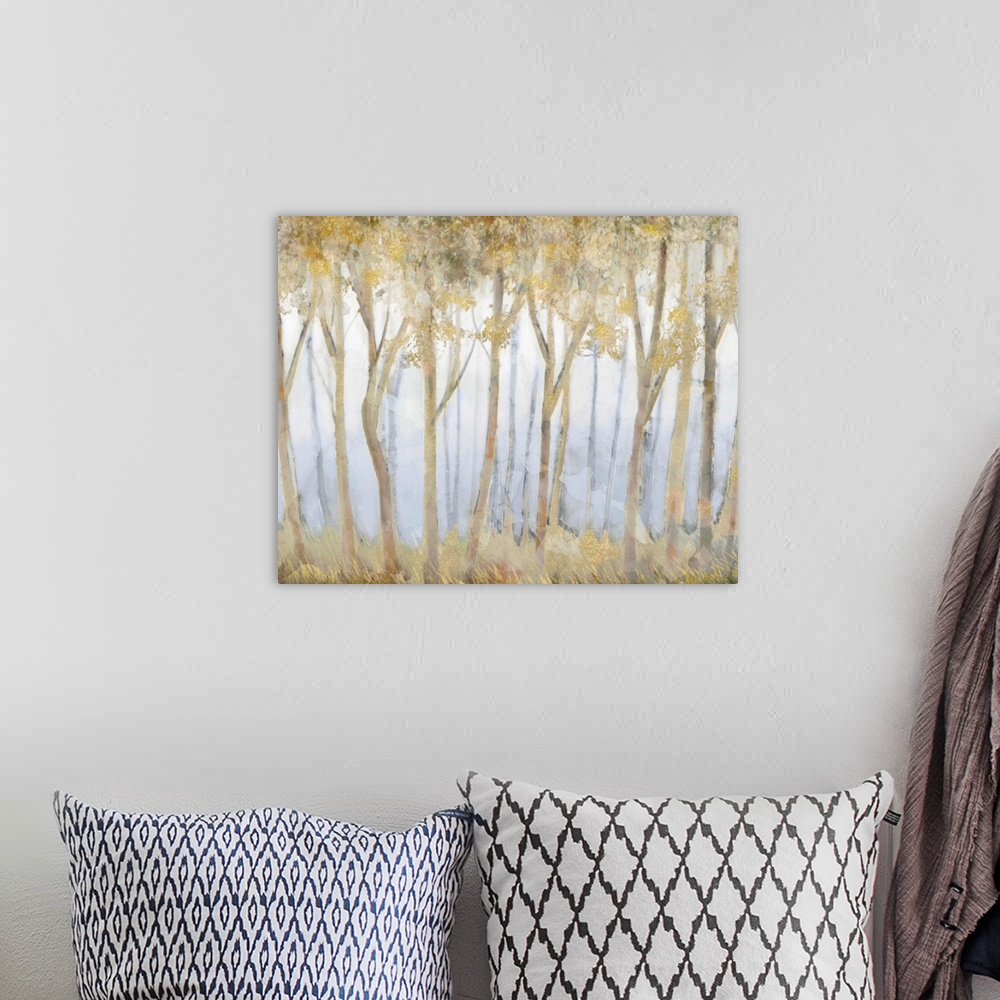 A bohemian room featuring Contemporary painting of a glade of slender golden trees over pale dusty blue.