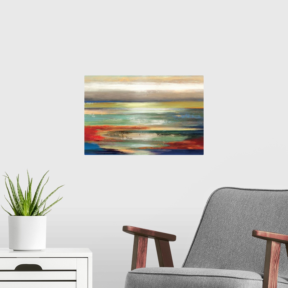 A modern room featuring Contemporary abstract home decor artwork using multi-colored horizontal stripes.