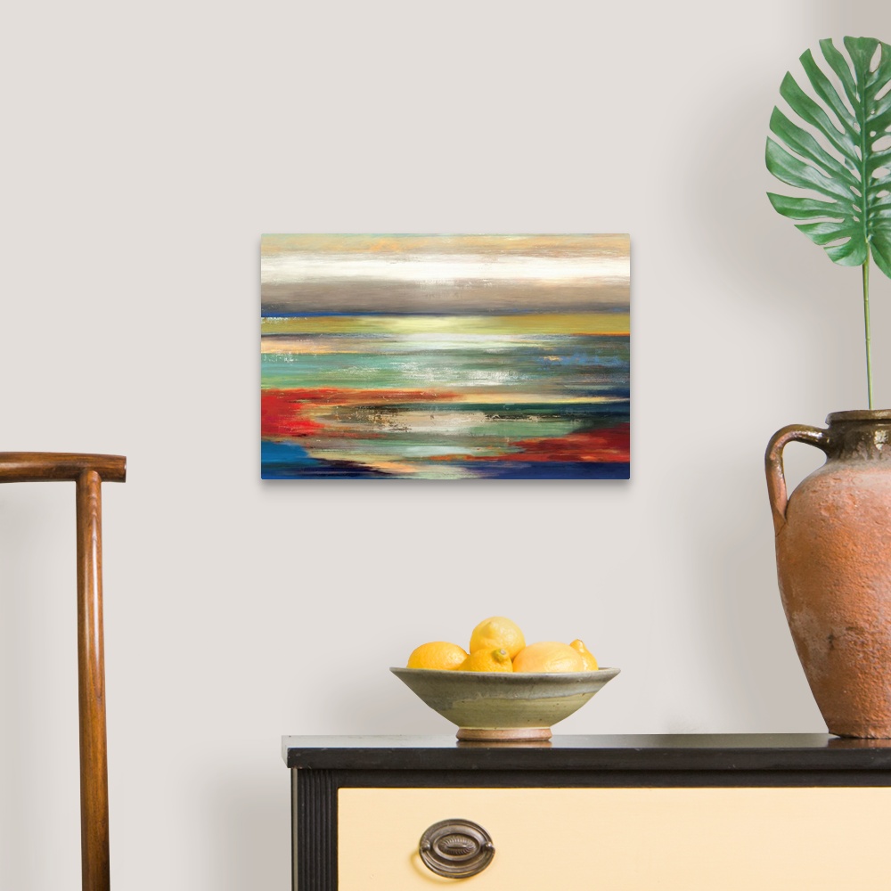 A traditional room featuring Contemporary abstract home decor artwork using multi-colored horizontal stripes.