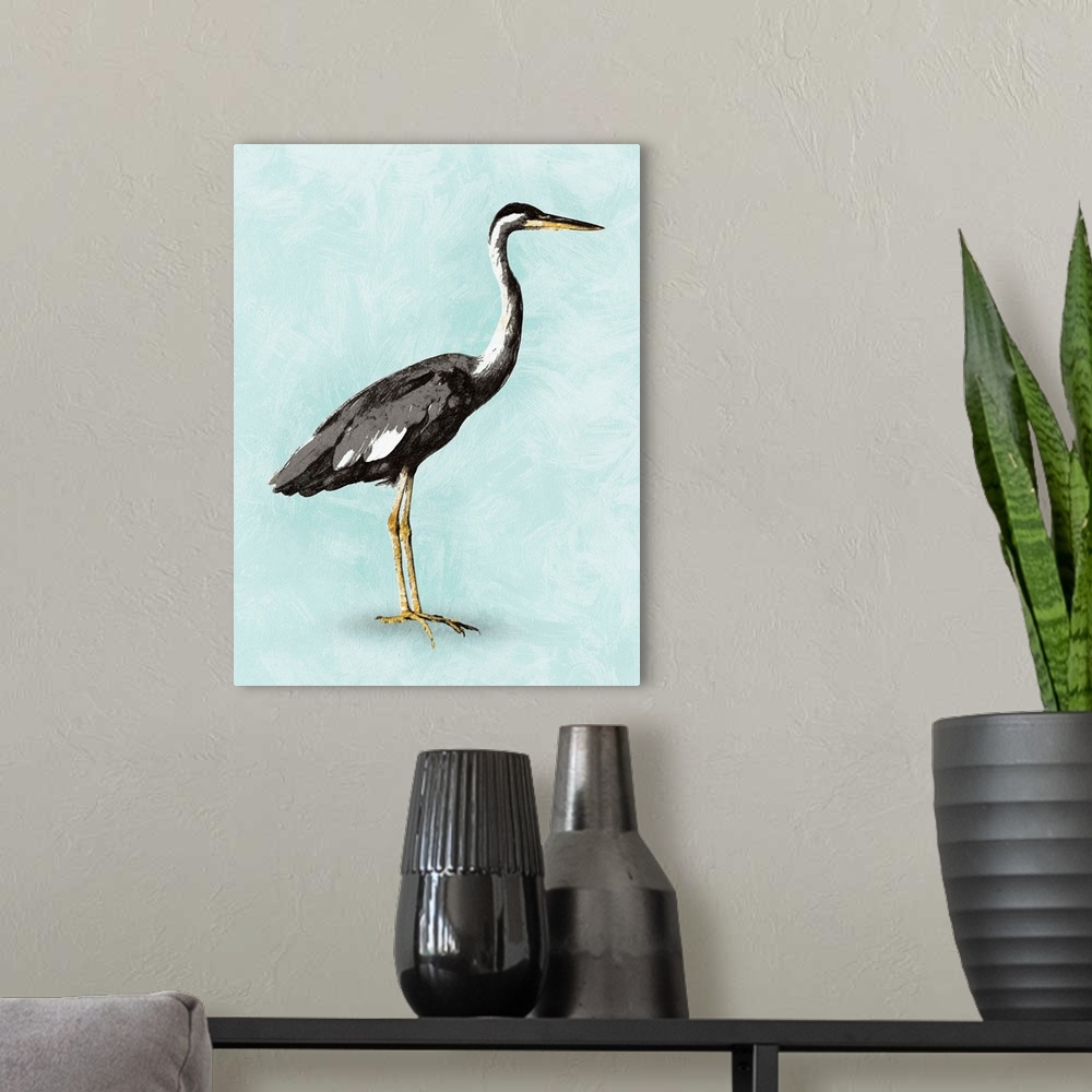 A modern room featuring Artwork of a heron on blue.
