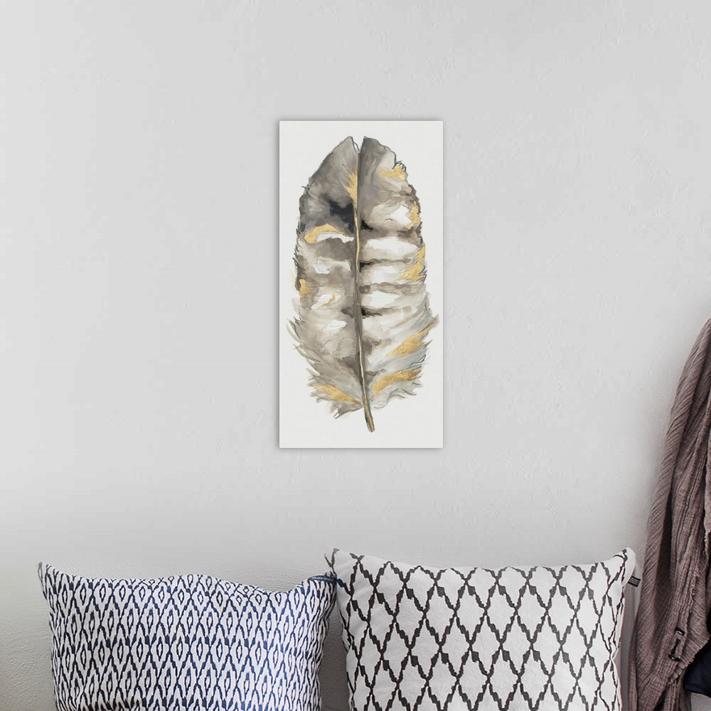 A bohemian room featuring Panel painting of a grey, white, and gold feather on a solid white background.